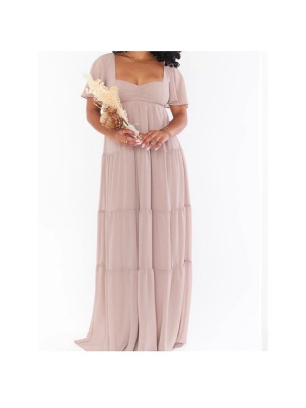 Show Me Your MuMu Square-Neck Tiered Nicole beige  Maxi Dress in Dusty Mauve S